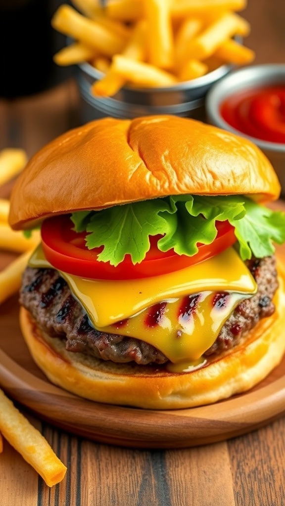 Juicy air fryer burger on a bun with lettuce, tomato, and cheese, served with fries and ketchup.
